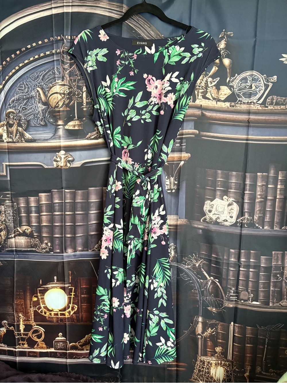 Evans Navy Floral Midi Dress with Green Leaves and Pink Blooms
